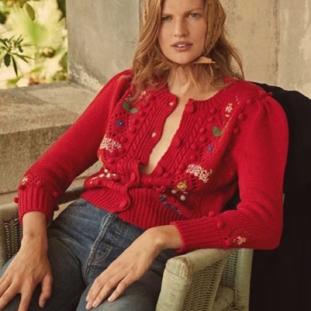 DOEN Red Knit Cardigan Sweater, XS